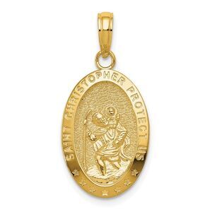 14k Yellow Gold Textured Oval St Christopher Medal Pendant, 12 x 27mm